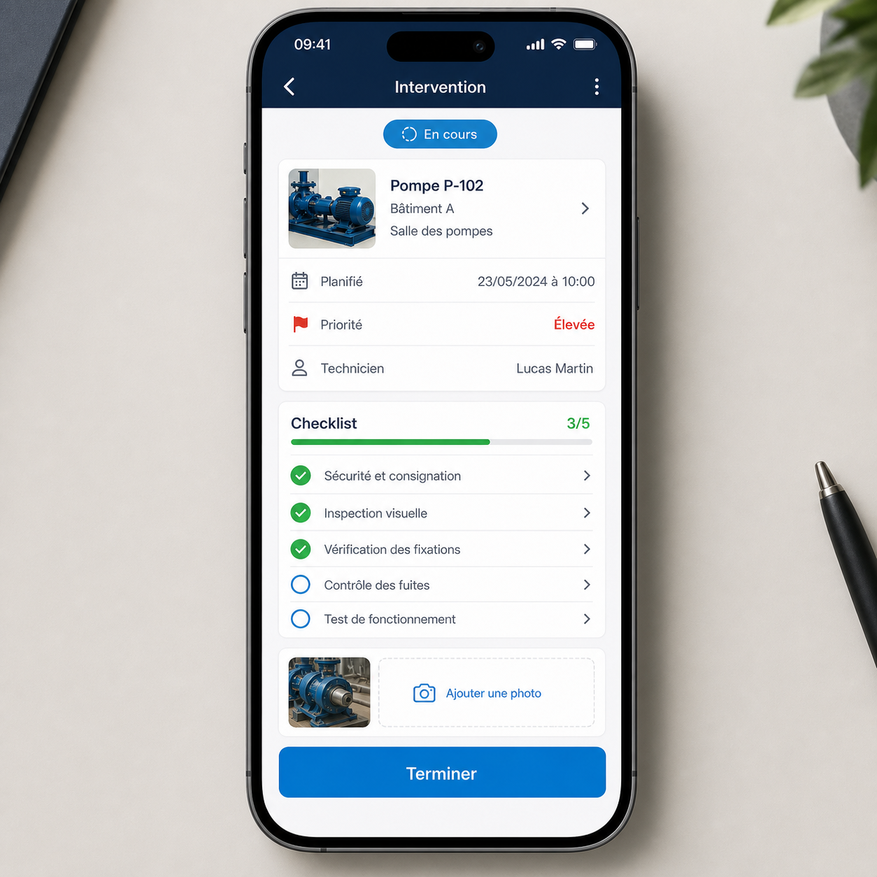 Interface mobile PROTECTSUR de suivi des interventions de maintenance